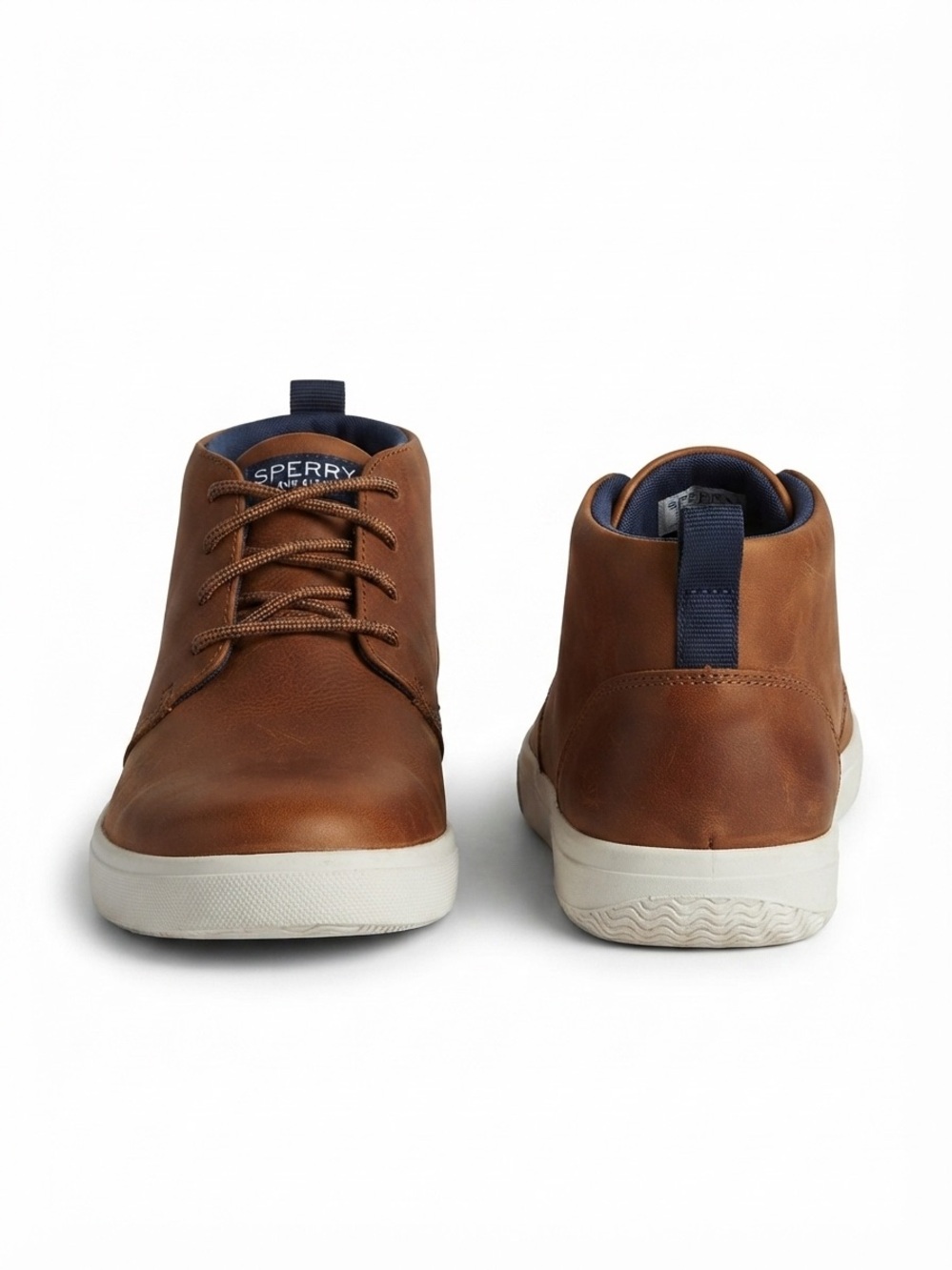 Sperry Tan Brown Leather Chukka Boots with Navy Accents